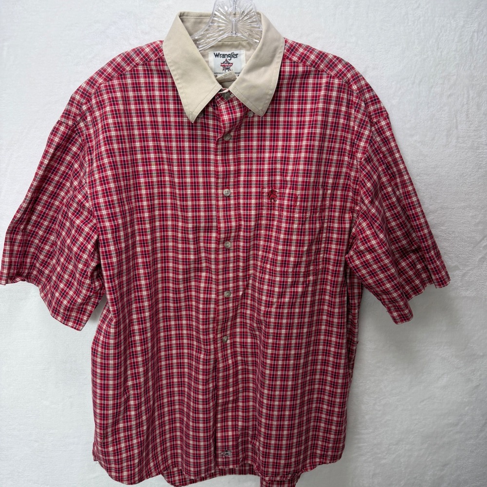 Wrangler PBR Mens L Red Buffalo Plaid S/S Button Down Shirt Western Rodeo‎